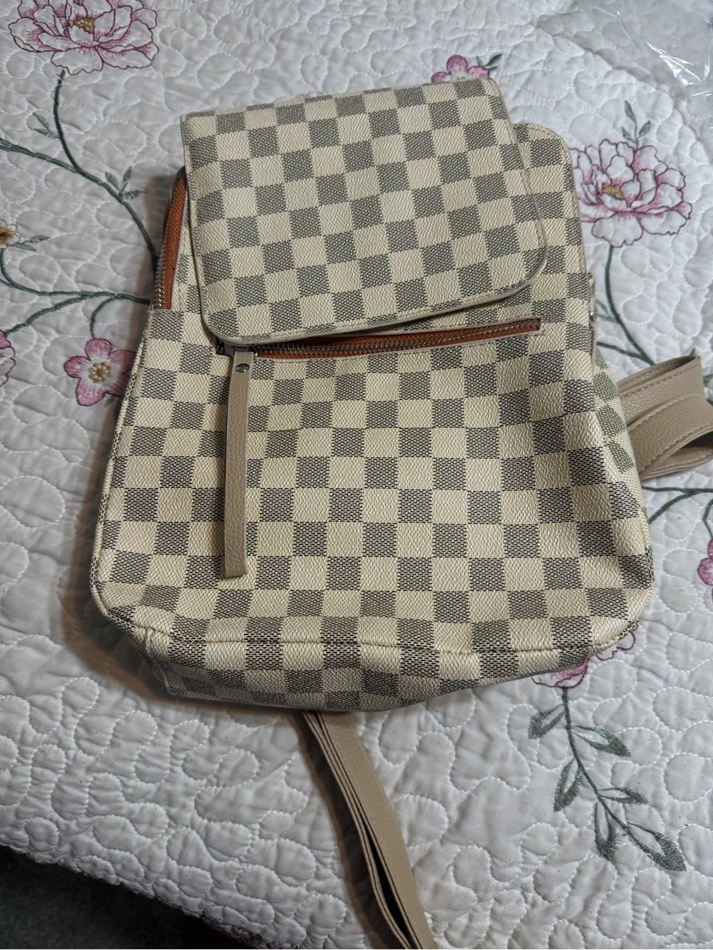 Designer inspired Cream & Beige Checkered Backpack Tan Straps Orange Zipper